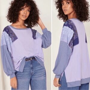 Free People We The Free Boho Feelin It Patchwork Sleeve Side Slit Blouse Top XS